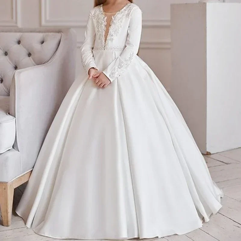 

Ivory V-neck Applique Flower Girl Dresses White A-line Luxury Lace Embroidery For Wedding Party Floor Length First Communion