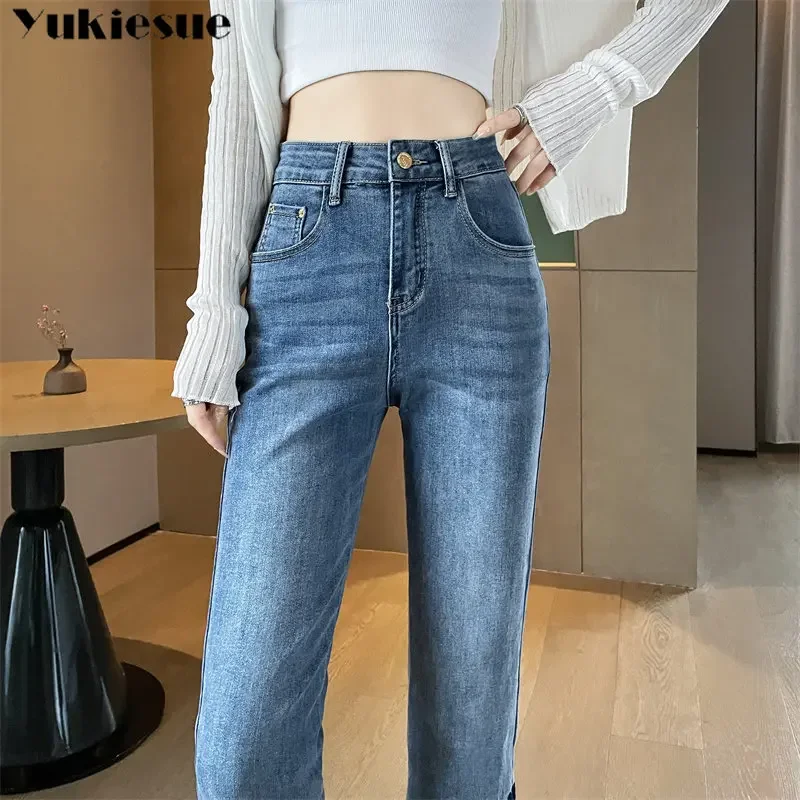 Nova cintura alta feminina magro ajuste calças de colheita estiramento retro moda casual calças femininas jeans retos 2023 primavera verão