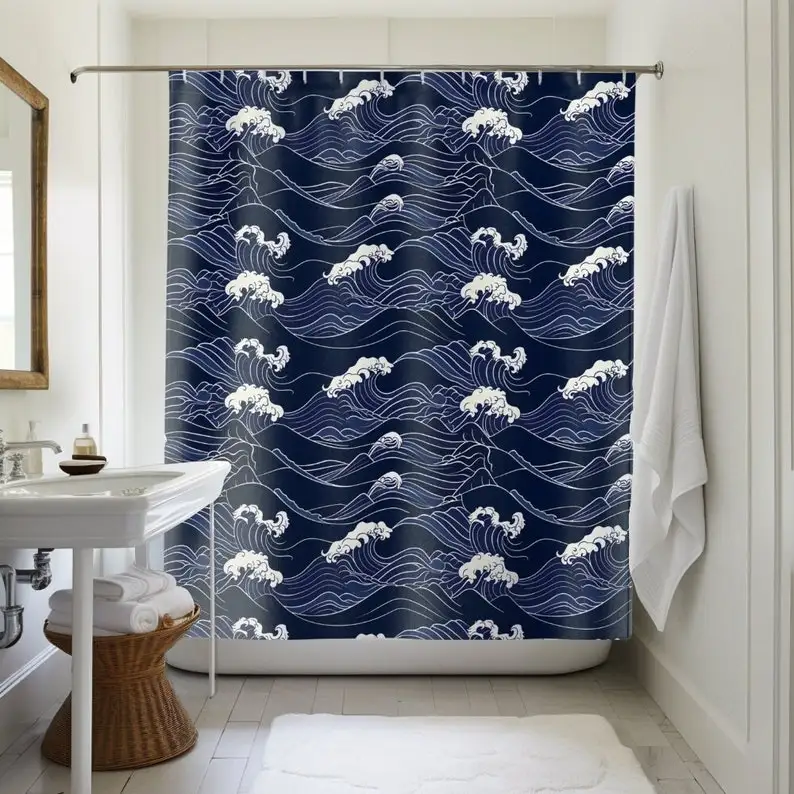 Indigo Waves Shower Curtain: Serene Ocean Bathroom Decor (71x74 Inch)
