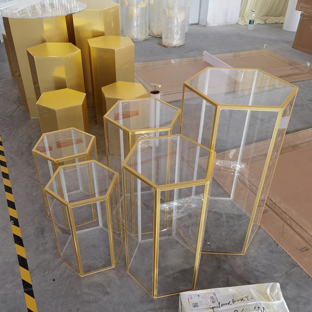 Wedding party decoration gold trim clear acrylic hexagon plinths