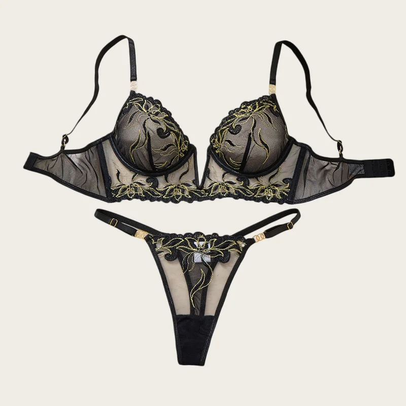 

Женское элегантное кружевное белье, французский комплект с изысканной вышивкой, прозрачный ультратонкий комплект из 2 предметов, сексуальное нижнее белье.