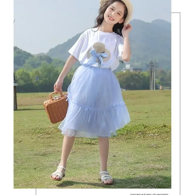 2025 مجموعة ملابس لطيف للأطفال الأطفال 6 8 10 12 سنة تي شيرت + تنورة شاش 2 قطعة ملابس للفتيات الصيف الفتيات ملابس رسمية