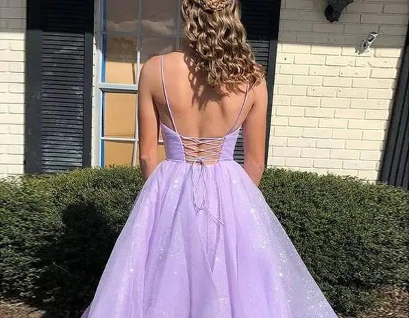 Lilac Long Prom Dresses 2024 Glitters Tulle Ball Gown Spaghetti Strap Sleeveless Evening Gowns CUSTOM MADE