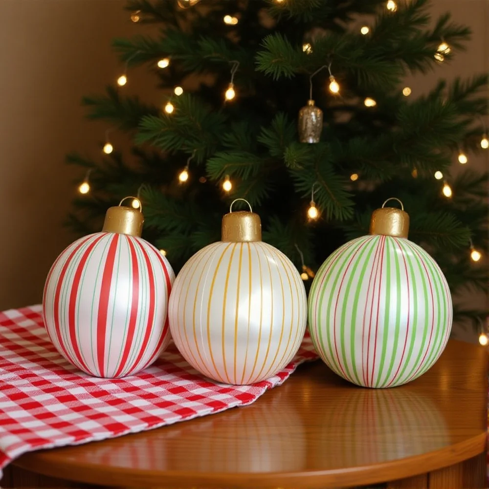 22-calowa gigantyczna nadmuchiwana bomba choinkowa, pogrubiona bomba choinkowa z PVC w paski, dekoracja świąteczna na zewnątrz, na podwórko.