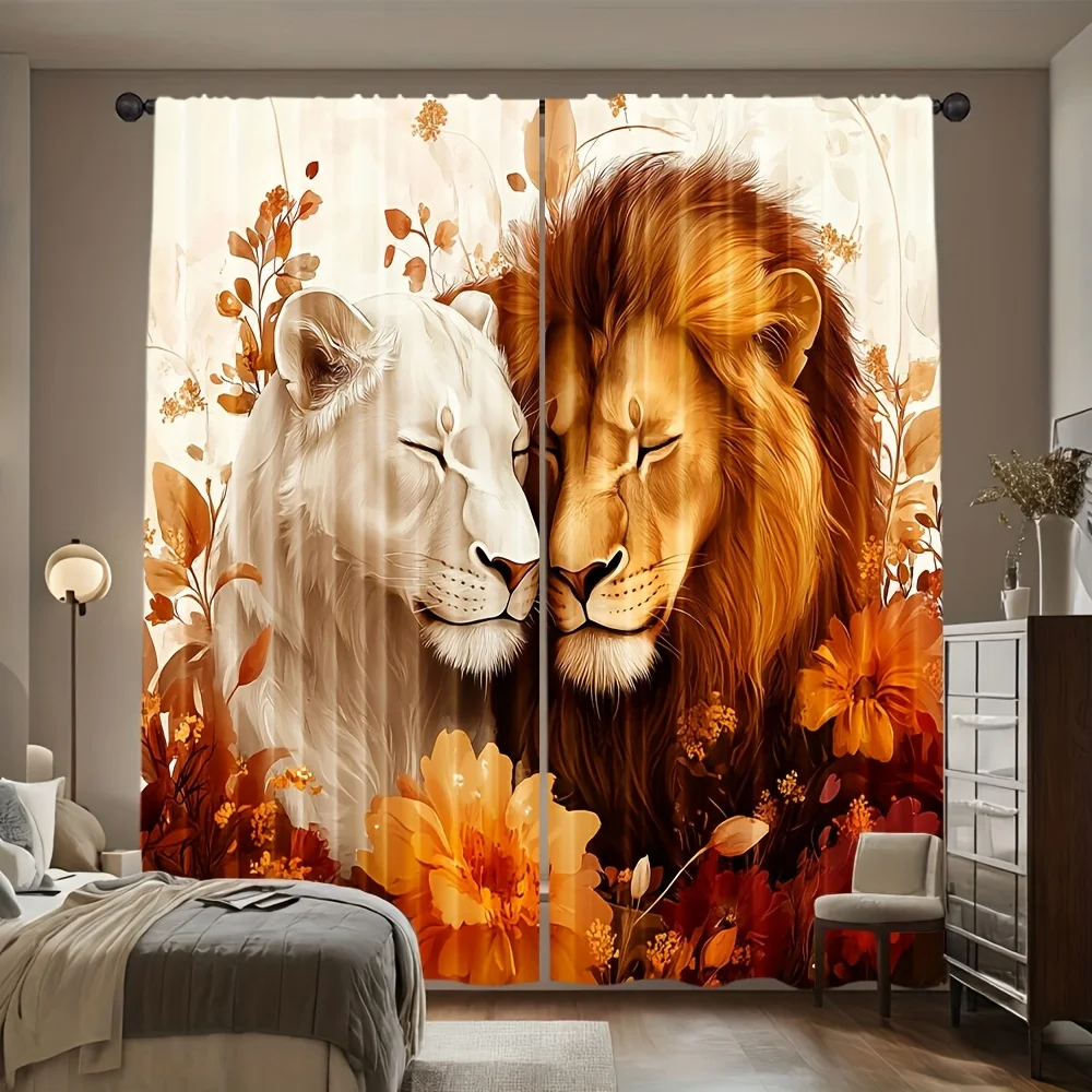 2PCS Animal Curtains, Lion Couple Floral, Digital Print, Bedroom Living Room, Office, Kitchen, Bathroom, Window Drapes