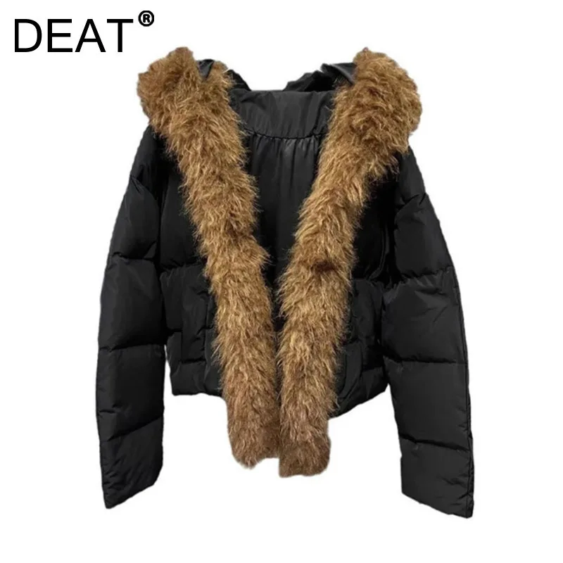 DEAT Women's Coat Cotton-padded Thick Spliced Faux Fur Hooded Long Sleeve Warm Loose Parkas Spring 2025 New Fashion 11A01931