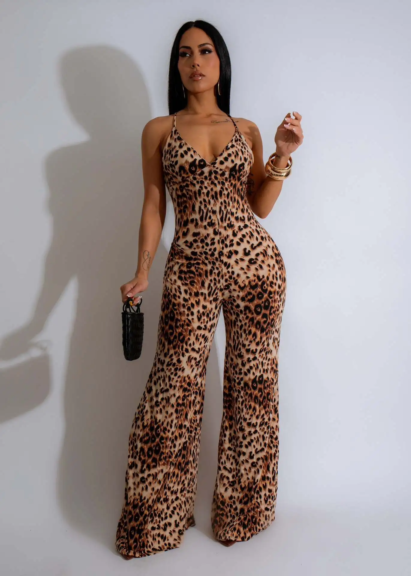 Al274 Independent Station European and American Clothing Leopard Print Jumpsuit Suspenders Slightly Flared Sleeveless Jumpsuit Summer