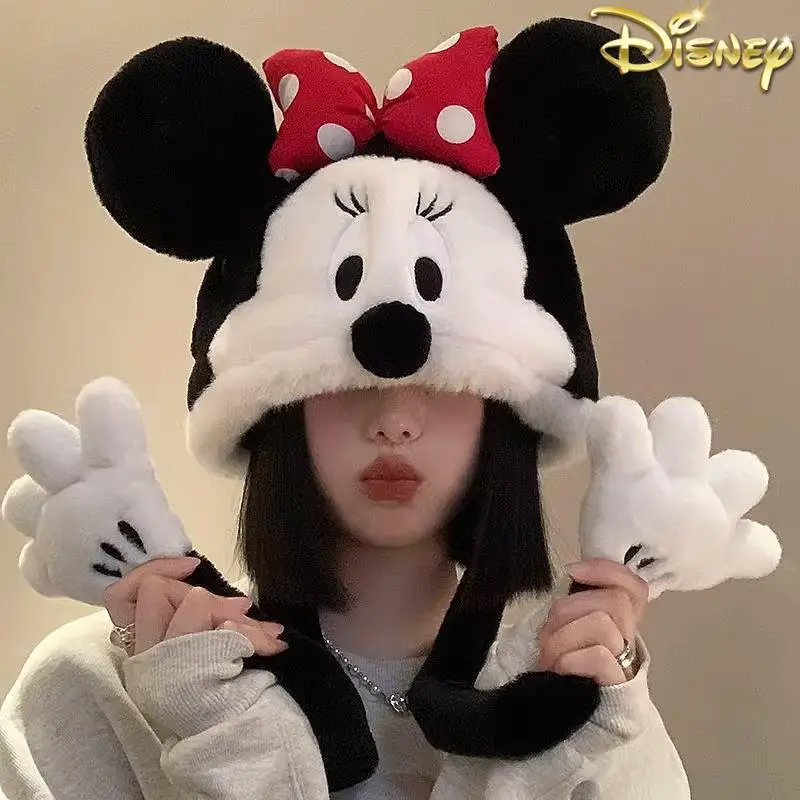 Genuine Disney Minnie Mickey Donald Duck Ear Hat Female Winter Cartoon Plus Velvet Warm And Cold-proof Hooded For Girls Xmas Gif