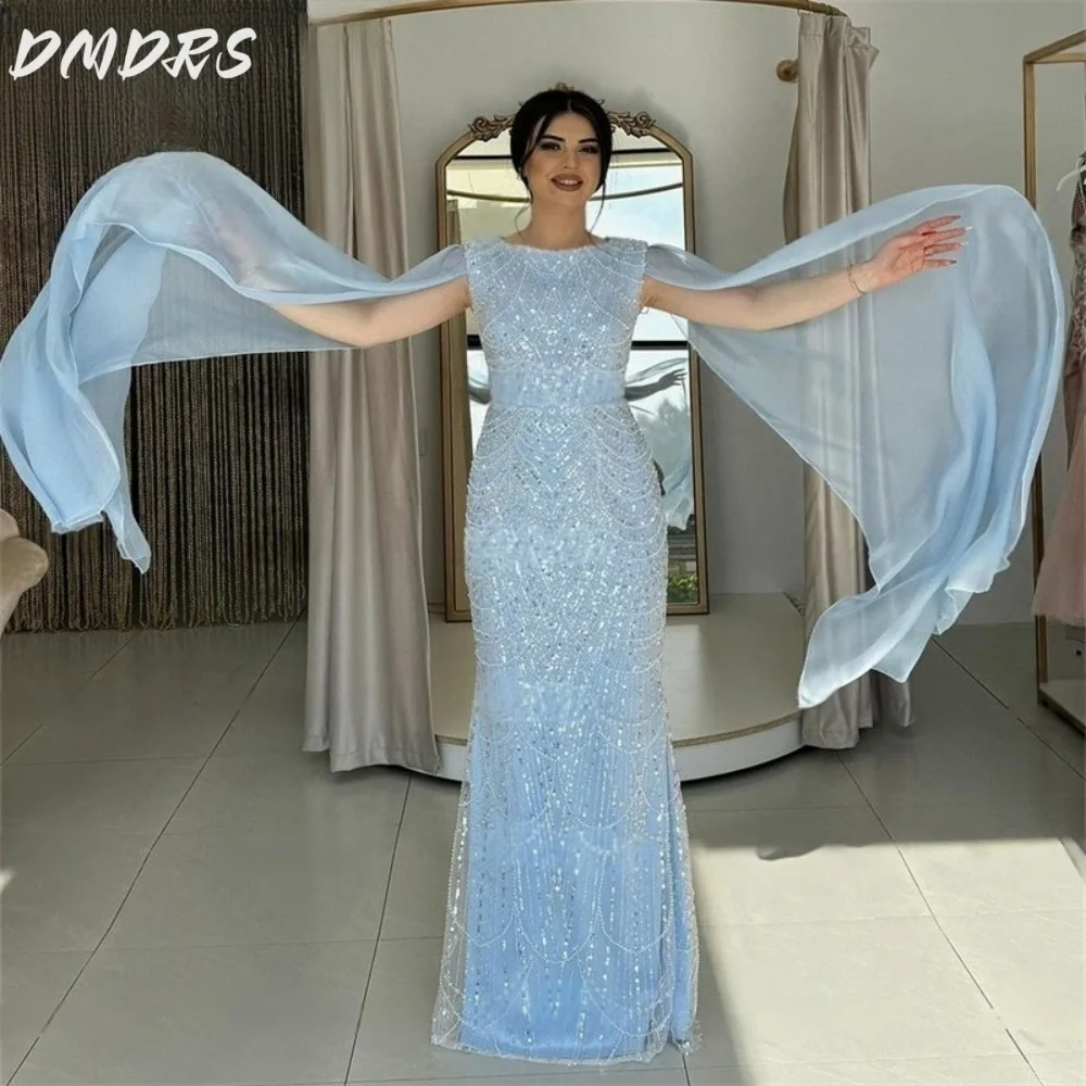 

Charming Blue Mermaid Prom Dress 2025 Classic Arabic Dubai Beaded Formal Evening Gowns Women Cape Sleeve Party Dress Customized