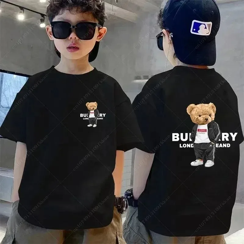 Estate bambini marca orso di lusso T-Shirt nero bianco stampa ragazza Tshirt bambini manica corta T Shirt ragazzo moda cotone Tee vestiti