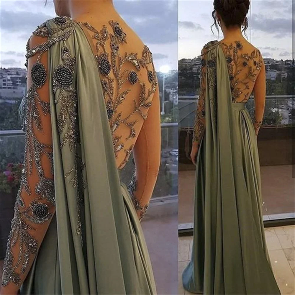 Abito da sera musulmano verde oliva monospalla personalizzato con mantello Prom Abiti da spettacolo islamici con o-collo di colore puro Robe De Soiree