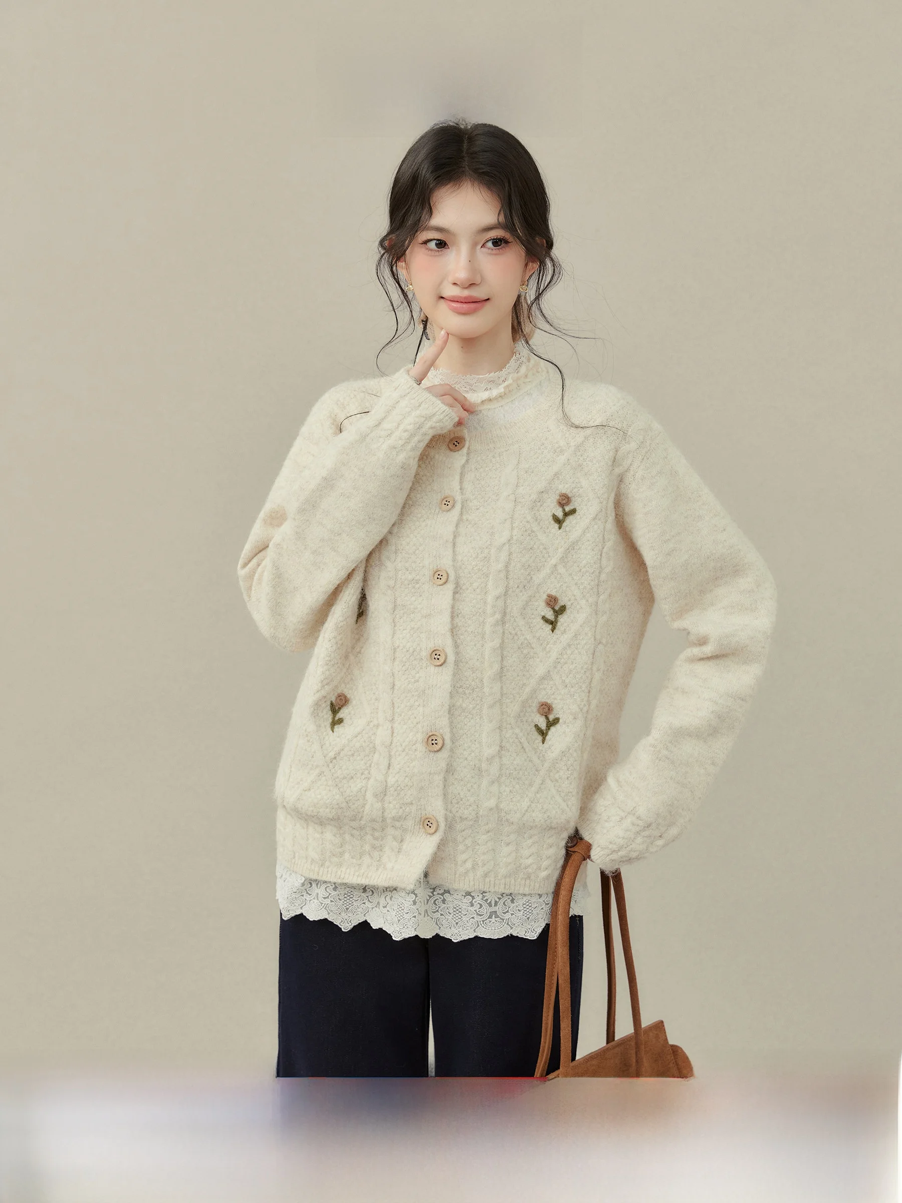 

Seine Mis Morning Vintage round Ne Knitted Open Cardigan Women's Autumn 3D Flower Button Sweater Jaet Casual Sle