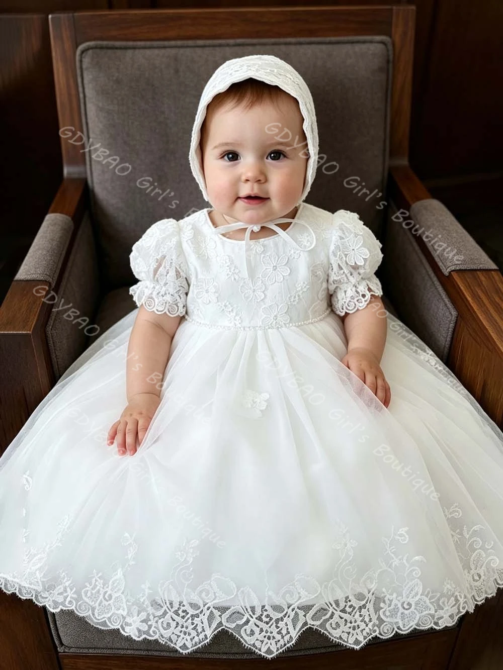Baby Girls Christening Dress With Sashes Infants Puff Sleeves Baptism Dress Lace Bonnet Customized Party Gown for Flower GIrls