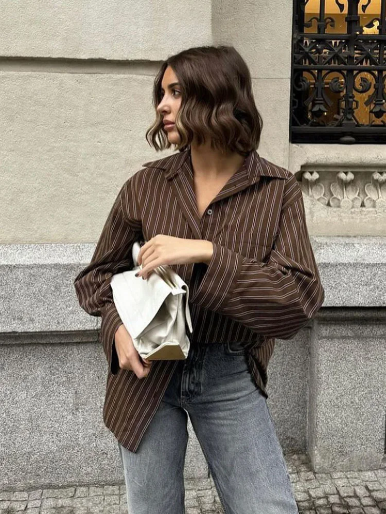 

HH Women's Autumn Street Shirts Solid Stripe Turn-Down Collar Long Sleeve Buttons Single Breasted Female Fashion Blouses