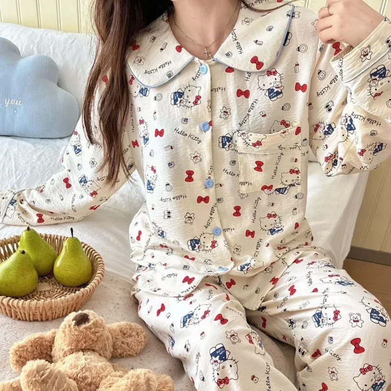 Sanrio Hello Kitty New Autumn Cotton Loose Casual Comfortable Cardigan Women's Pajamas Silk Pajamas Women's Loungewear Set