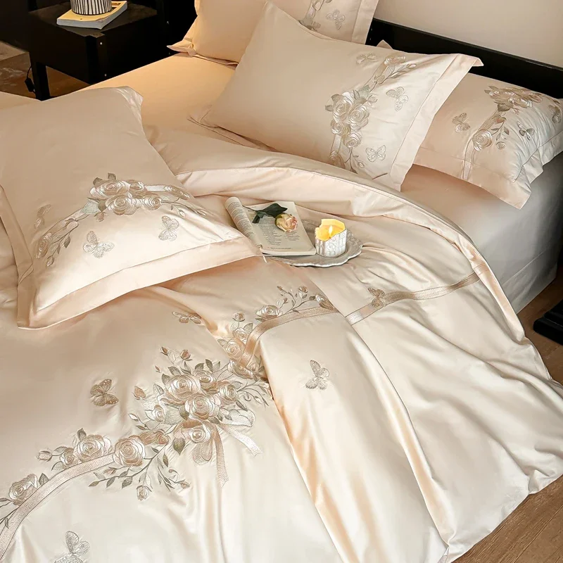 Svetanya Embroidery Cotton Bedding Set Underwear Duvet Cover Set Bed Linens Solid Color