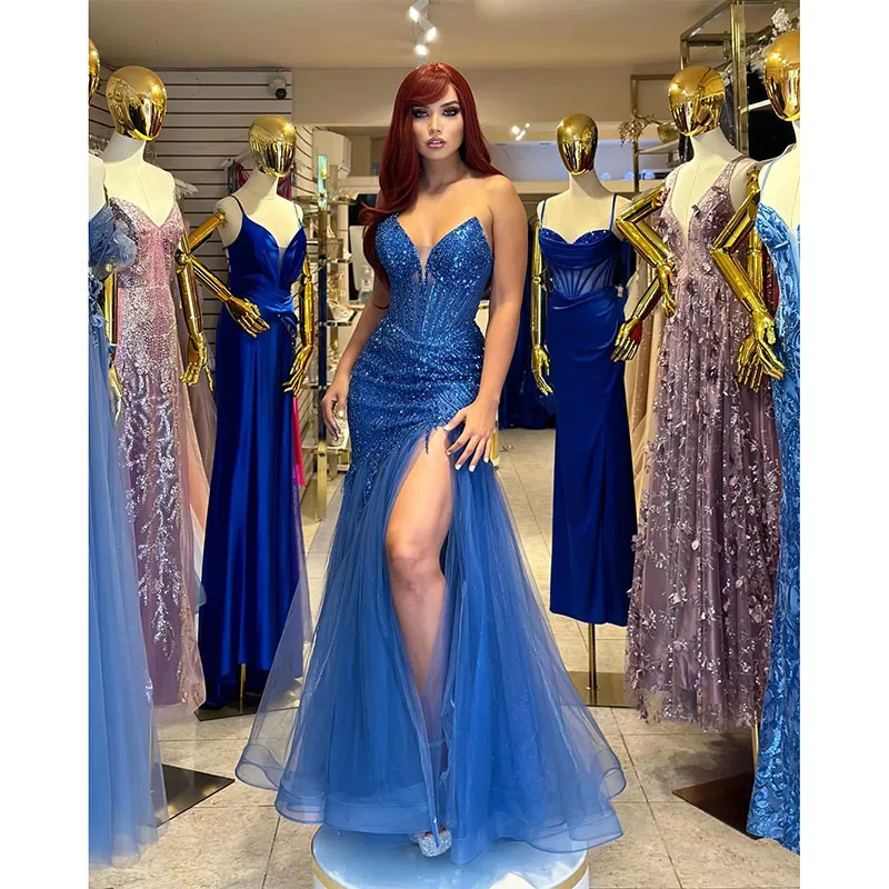 Sexy Blue Mermaid Prom Dress Crystal Covered Top Sweetheart Formal Evening Dresses Elegant Dresses for Special Occasions