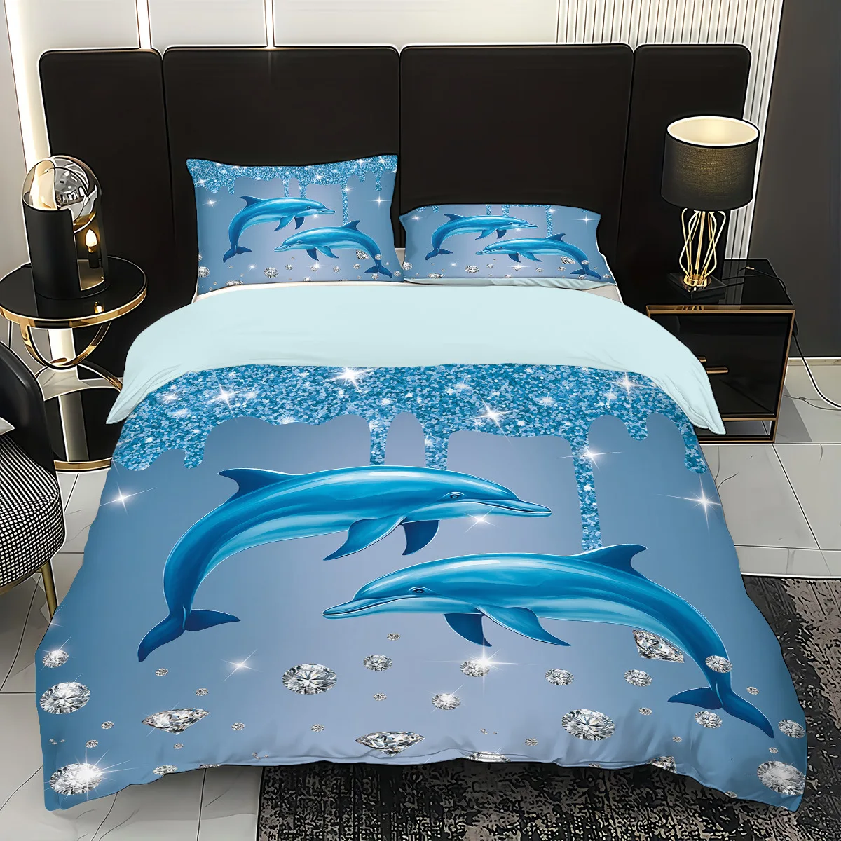 

Light Blue Bedding Set Dolphin Print Soft Comfortable Duvet Cover King Queen Twin Single Size for Bithday Gift Room Decoration