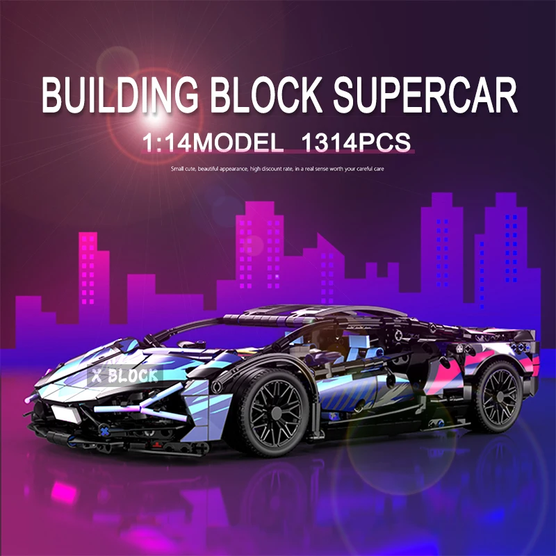 Technical 1:14 Black Purple Sport Car Building Blocks Assemble Racing VehicleF Toys Birthday Gift For Kid Boy