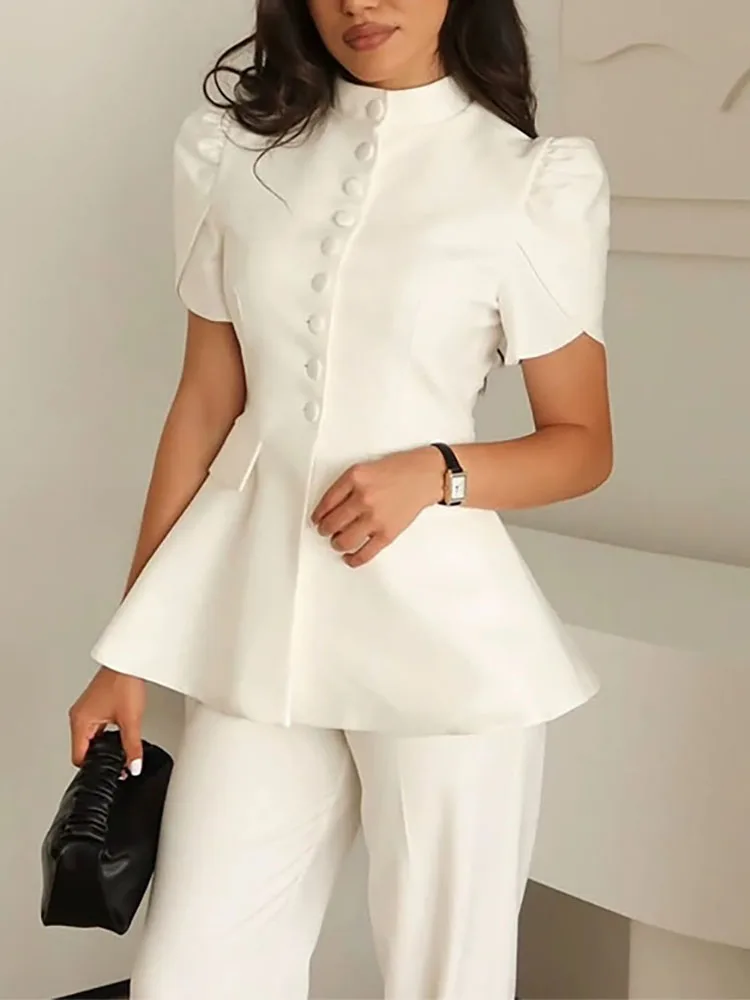 High street style stand up collar single breasted high waisted slimming commuting top spring and summer new sweet and fresh top