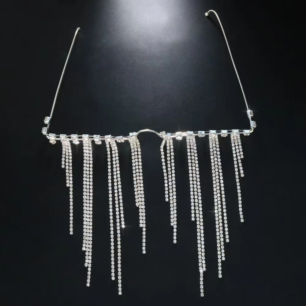 Mode Quaste Halb Metall Brillengestell für Frauen Kristall Gesicht Kette Schmuck Brillen Kpop Make-Up Strass Zubehör Keine Linse – Detail 8