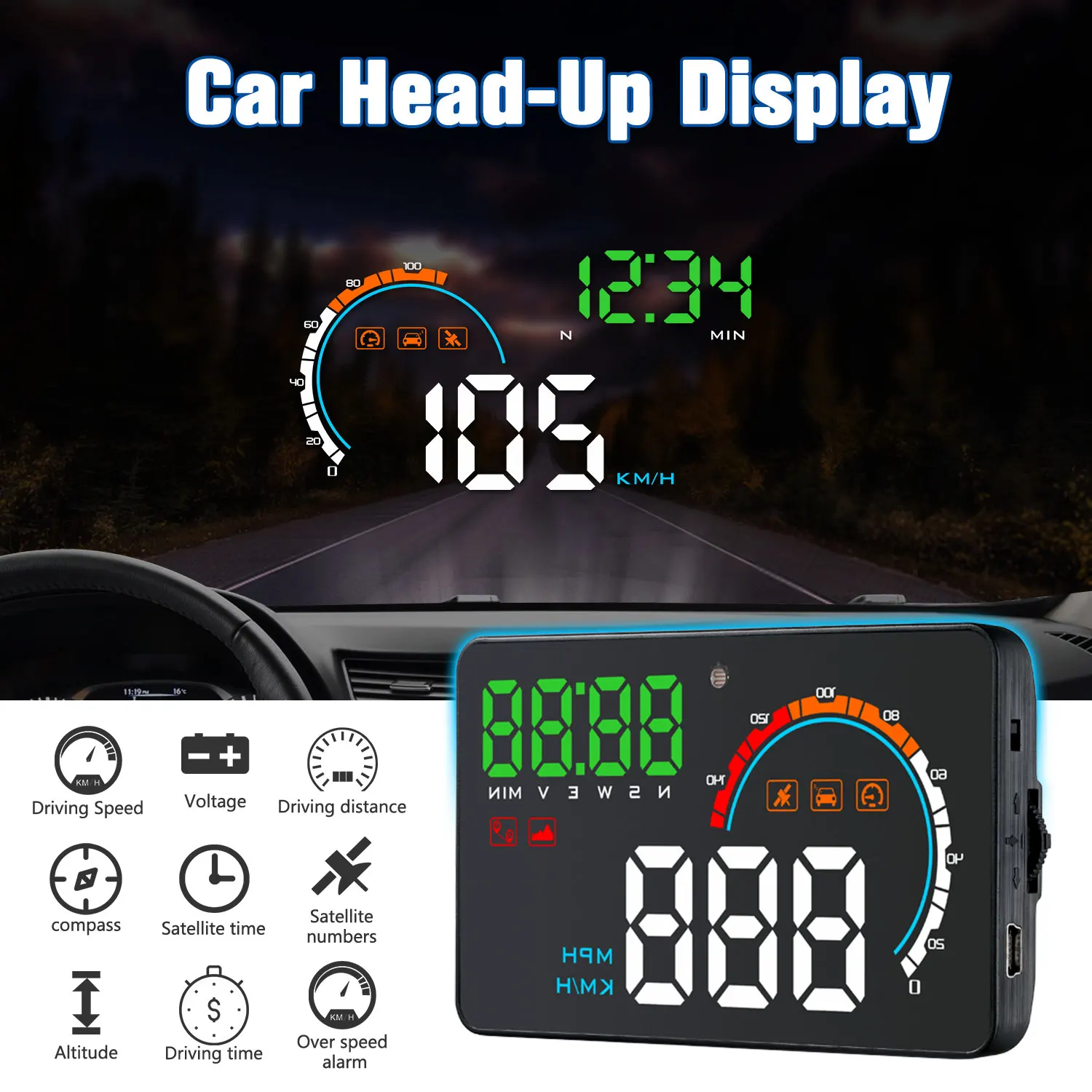 

Geyiren Q5 New HUD Digital GPS Speedometer Car Head Up Display Clock Odometer Universal Windshield Projector Auto Accessories