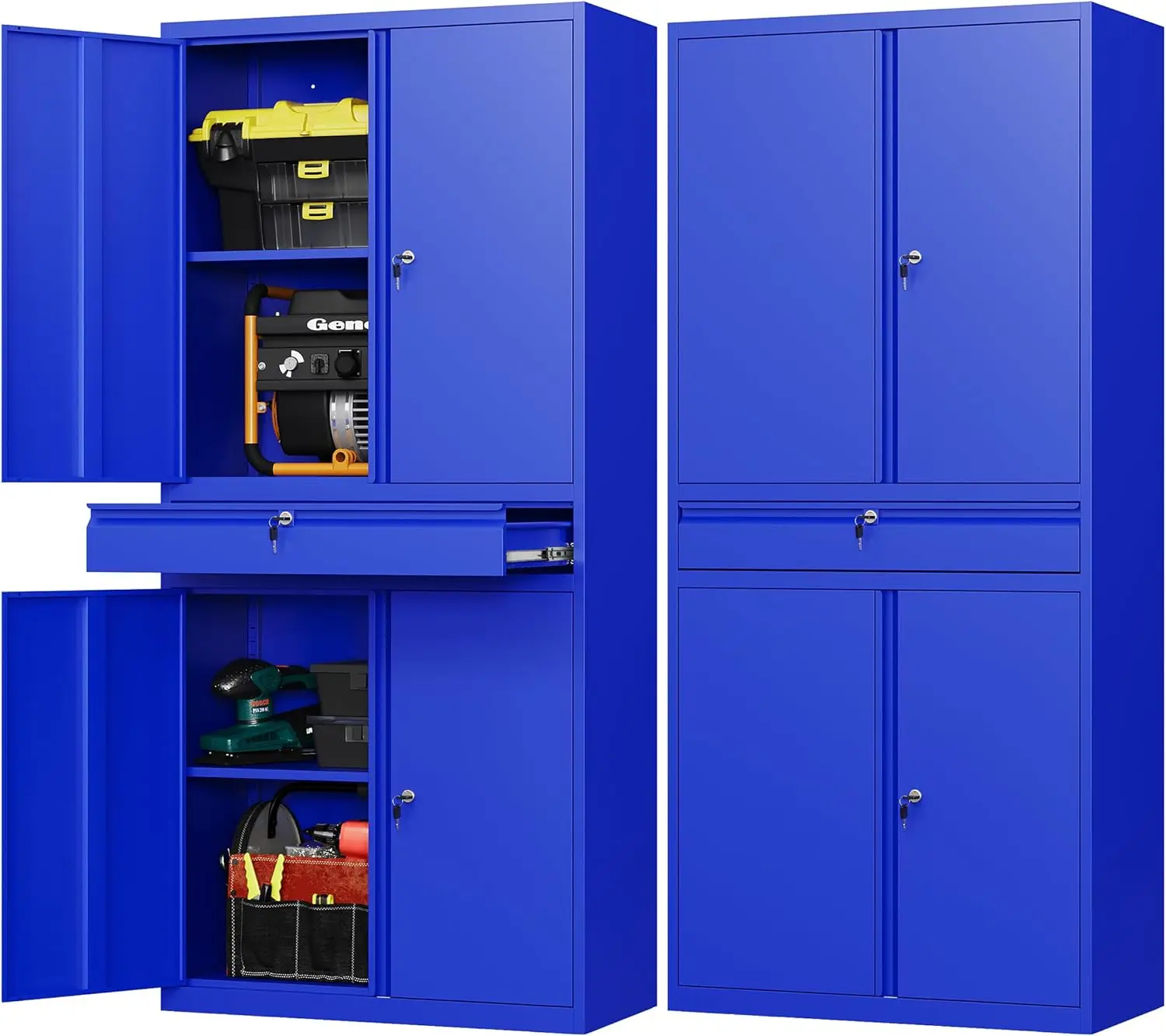 Metal Garage Storage Cabinet with Drawer,4 Door Tool Cabinet with Lock-2 Adjustable Shelves for Garage Home Office (4 Door-Blue)