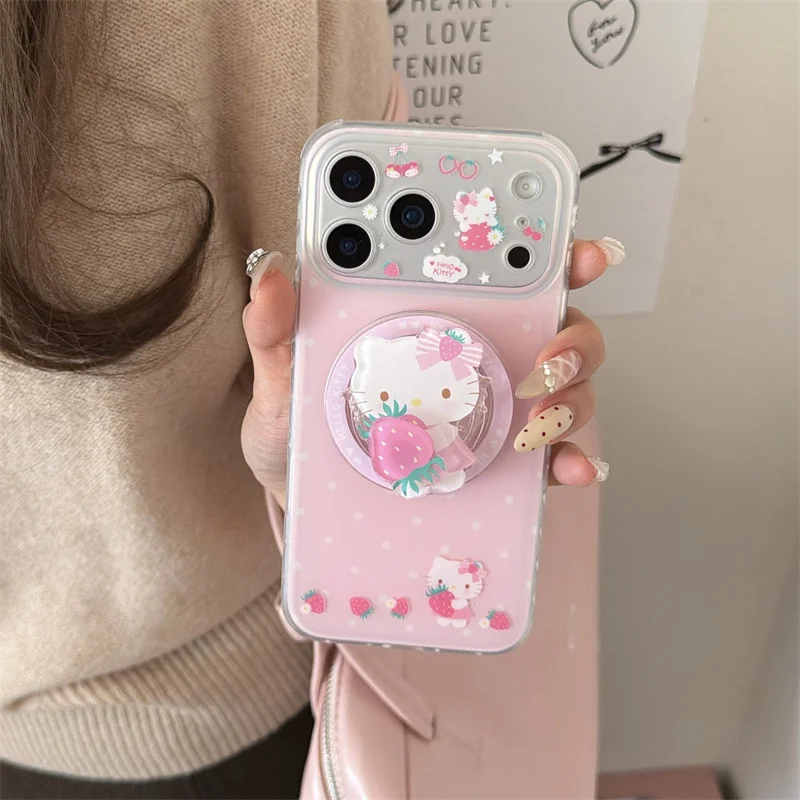 

Korean Pink Strawberries Magnetic Phone Case for iPhone 17Pro Max 14 15 16 17 pro Max with Stand Compatible with Magsafe Cute