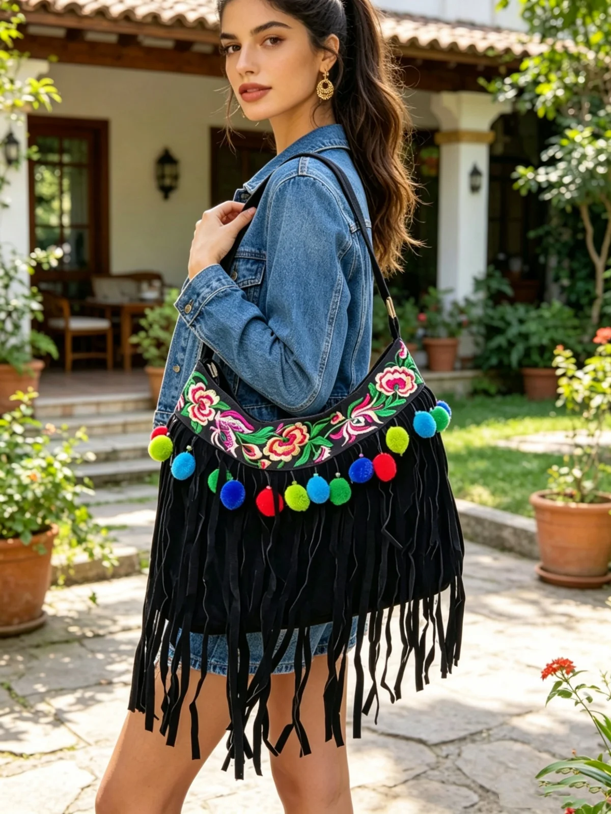 Naxi.Hani embroidery Women Bags Handmade Tassel Bags Black flannel Shoulder Bag Vintage Crossbody bag
