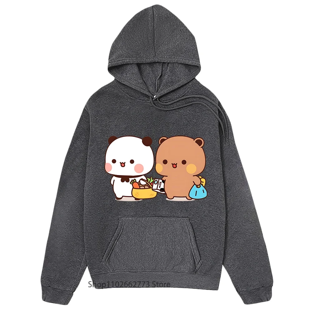 น่ารัก Bubu และ Dudu Go To Grocery Together Hoodie คู่ Kawaii กราฟิกเสื้อกันหนาวตลกหมีแพนด้าขนแกะผู้หญิงผู้ชาย Pullover