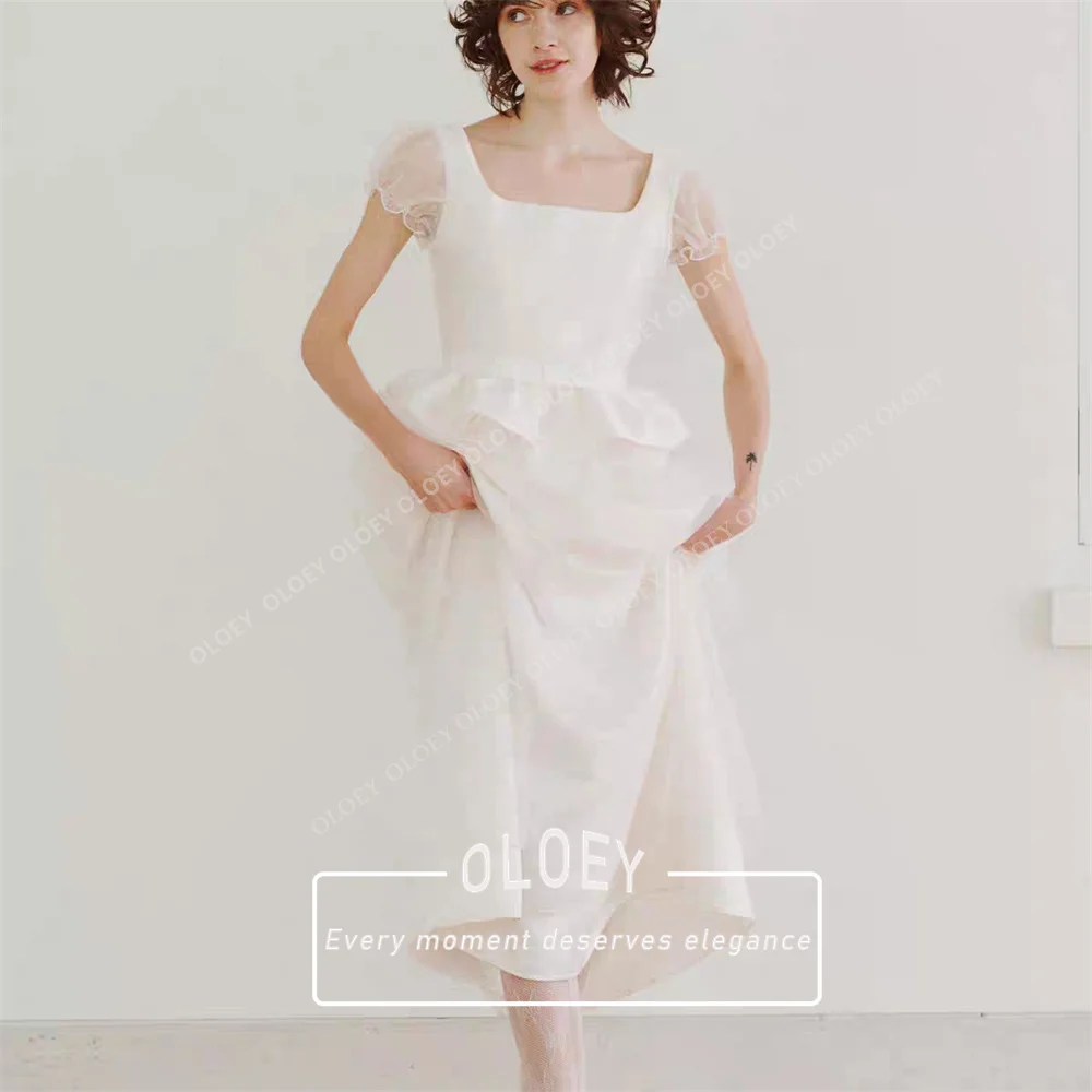 OLOEY Simple A-Line Wedding Dress Korea Photoshoot Square Collar Floor Length Bridal Gown Customized Corset Back