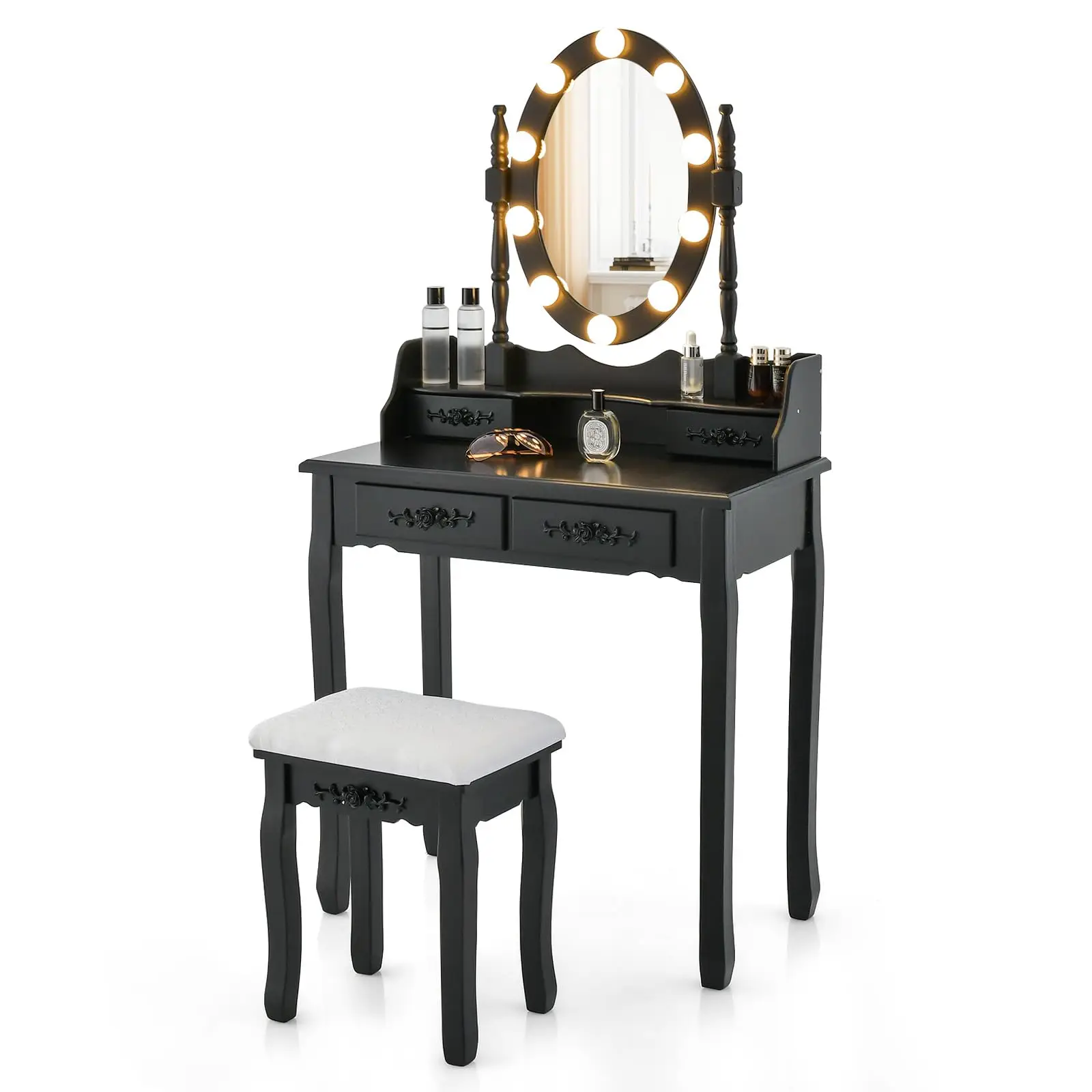 Table Set with Lighted Rotatable Mirror, Dring Table with 3-Color Lights & Adjustable Brightn, Makeup Desk with