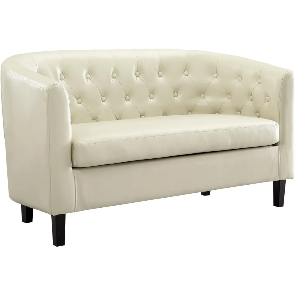 Emma Love Seat, Button Tufted Faux Leather Barrel Loveseat, Midcentury Modern 2 Seater Sofa Couch, Small Loveseat for Small Spac