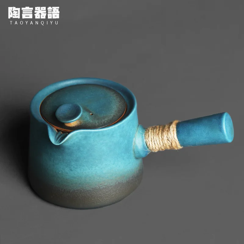 Kiln-baked sea blue side handle large side handle teapot retro stoneware personality kung fu tea ceremony hand-held tea maker