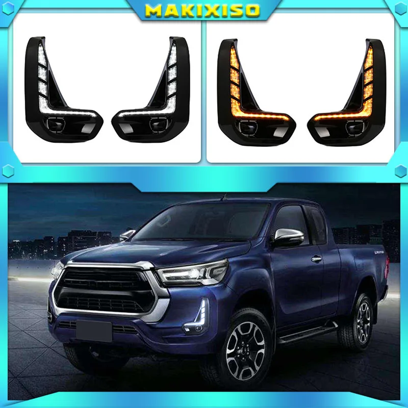 

LED DRL Day Light for Toyota Hilux Revo 2020 2021 Daytime Running Light Fog Lamp Bezel with Dynamic Sequential Turn Signal