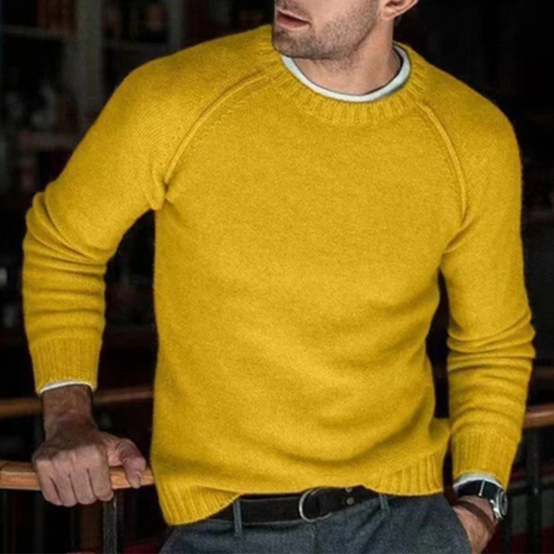 Vintage O Neck Long Sleeve Knit Sweater Mens Autumn Daily Casual Simple Solid Color Knitted Tops Men Fashion Knitting Pullovers