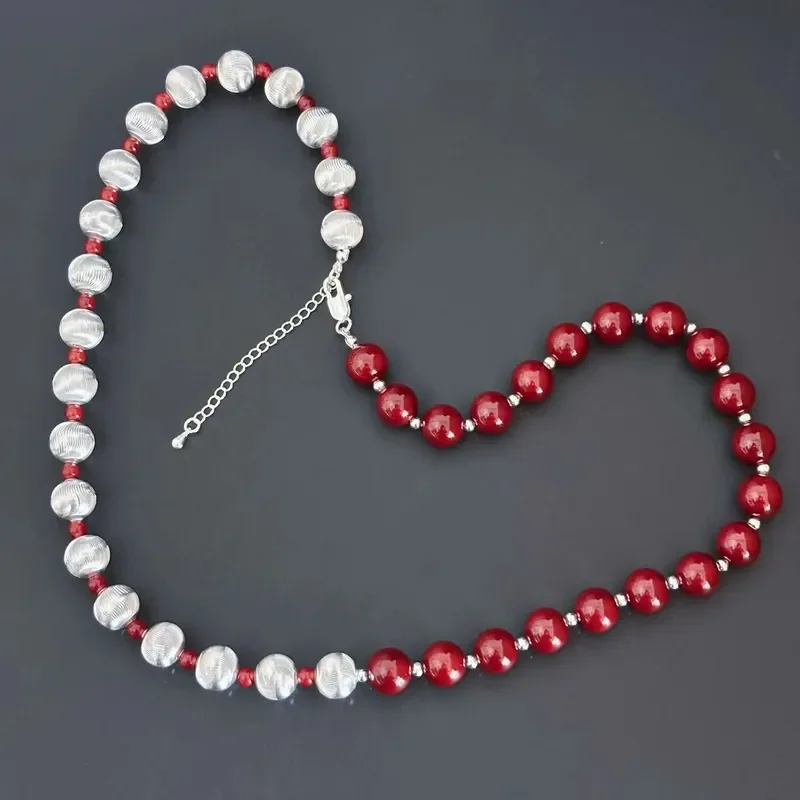 Autumn and winter atmosphere Ankola red retro beaded necklace copper silver-plated high-end brushed copper ball necklace