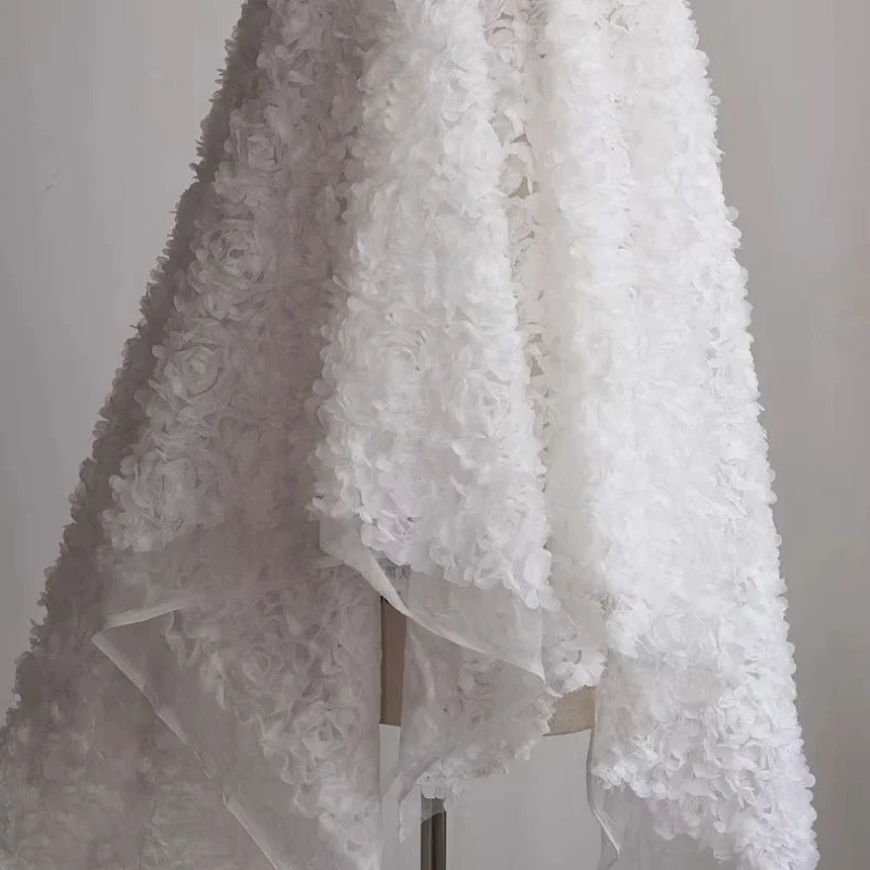 

Designer Lace Fabric with Textured Pleats and Flower Embellishments for Dressmaking By The Meter