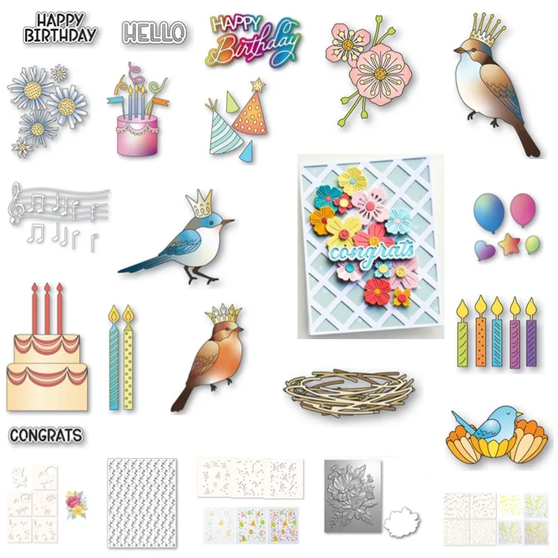 Globos de pastel, nido de feliz cumpleaños, troqueles de corte de Metal de Príncipe pájaro azul, sellos de silicona, plantilla para álbum de recortes, tarjeta de álbum de fotos DIY