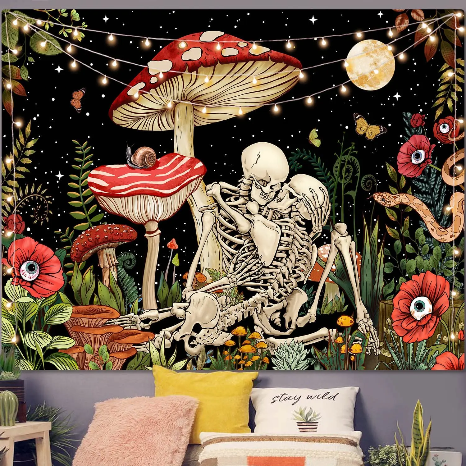 Mushroom Skull Tapestry Wall Hanging Skeleton Floral Tapestries Aesthetic Room Decor Trippy Plant Nature Art Bedroom Decoration