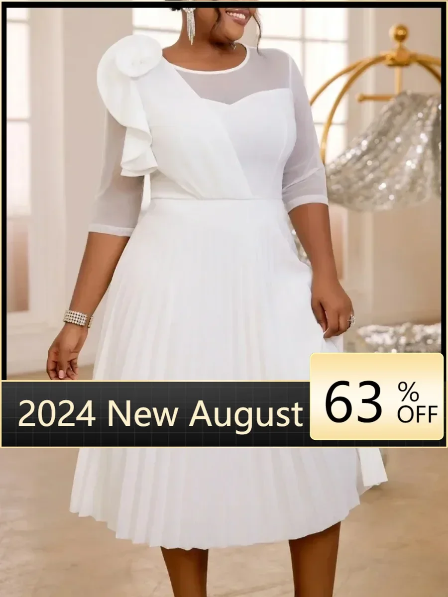 

Elegant White Dresses for Women Pleated Ruffles Flower Tulle Sleeves Patchwork Classy Occasion African Wedding Guest Birthday