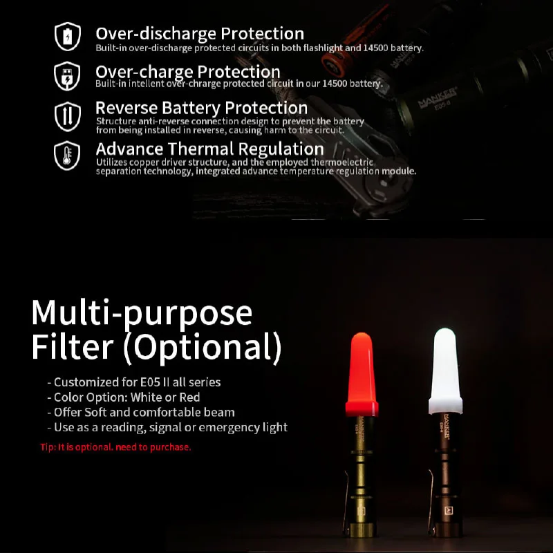 Manker E05 II Compact EDC Flashlight, High Density 1300 Lumens White LED Emitters, 14500 Battery, for Camping, Self Defense