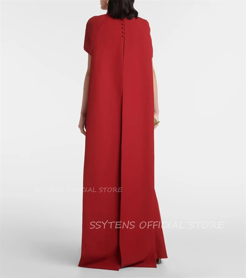 Chic Dark Red Long O Neck Mermaid Causal Prom Dresses Satin Cape Sleeves Formal Event Evening Party Gowns robes de soirée Dress