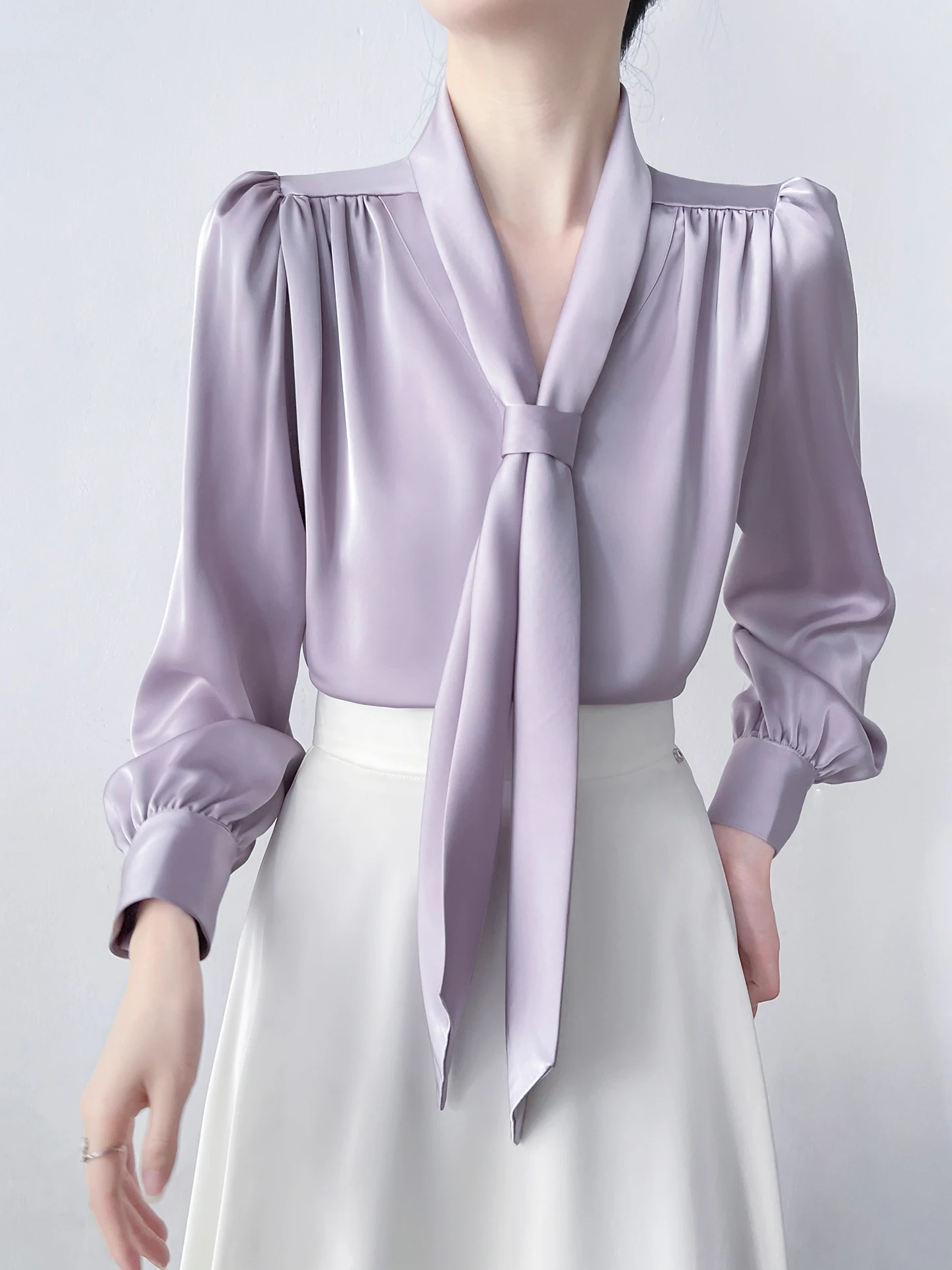

Korean Sle Long Sve Purple Silk irt Women's Loose Fit Knot Polyester Fiber Drapey Anti-Wrinkle Office Commut...
