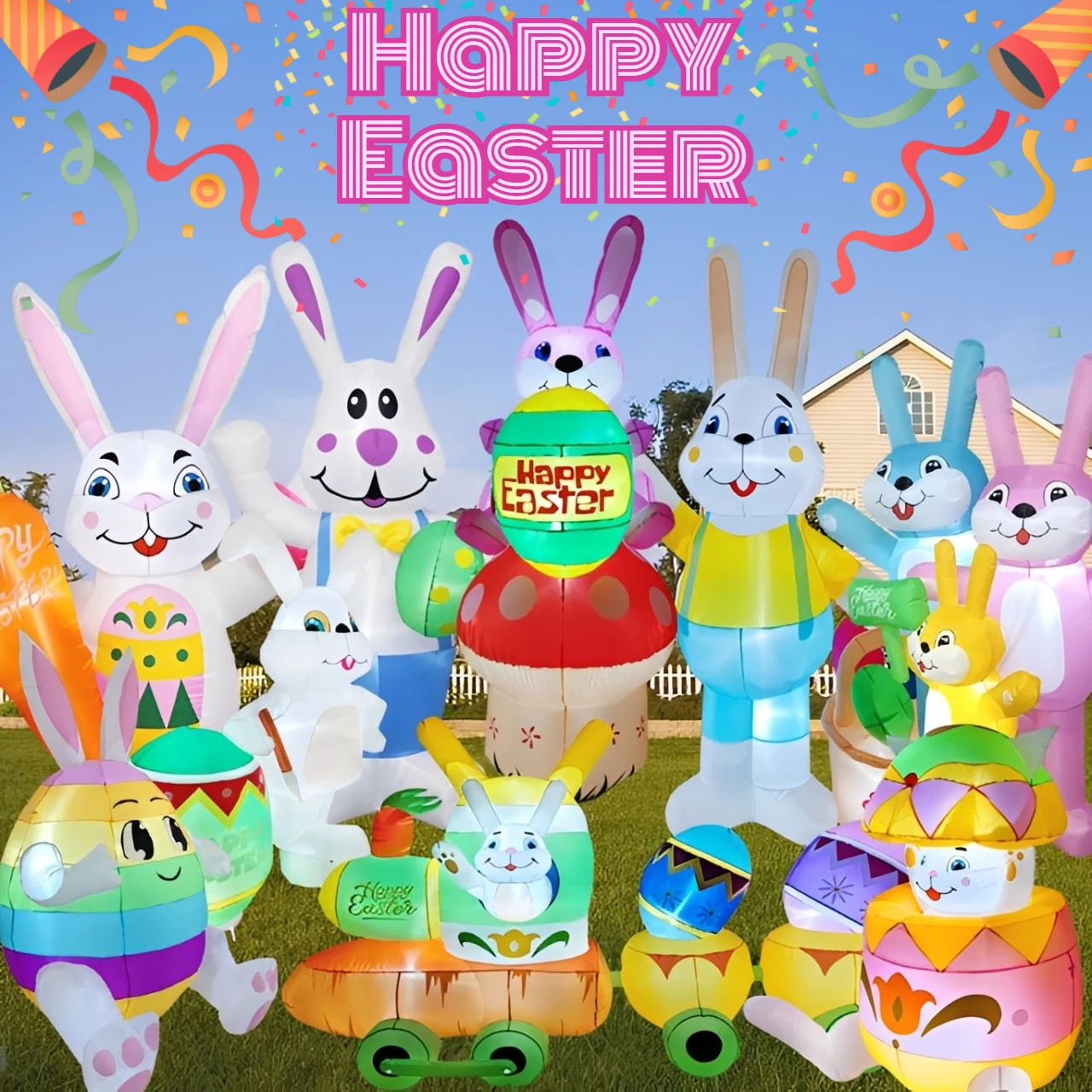 

Happy Easter Outdoor Holiday Decorations Easter Egg Rabbit Decor Built-in LED Lights Inflatable Model Yard Garden Party Props