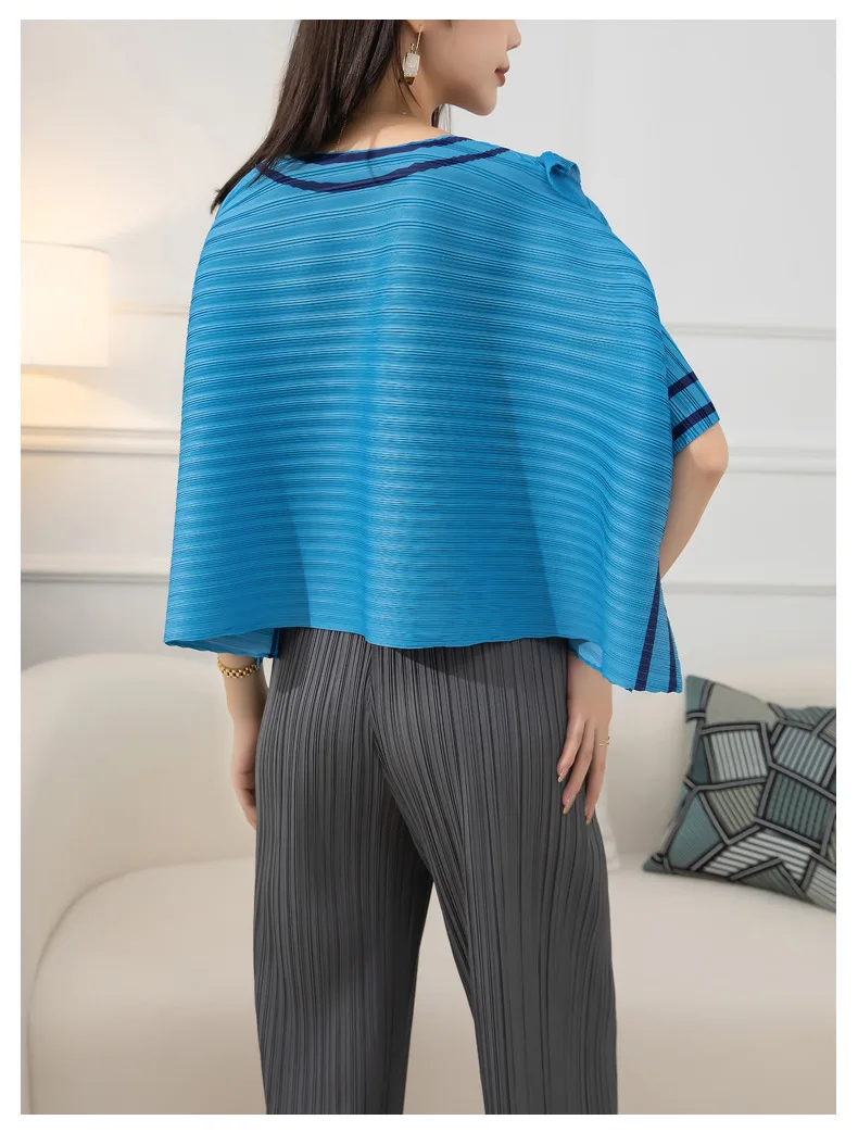 miyake pleated v-neck casual fashion loose thin tops 2022 autumn blue half vintage tops