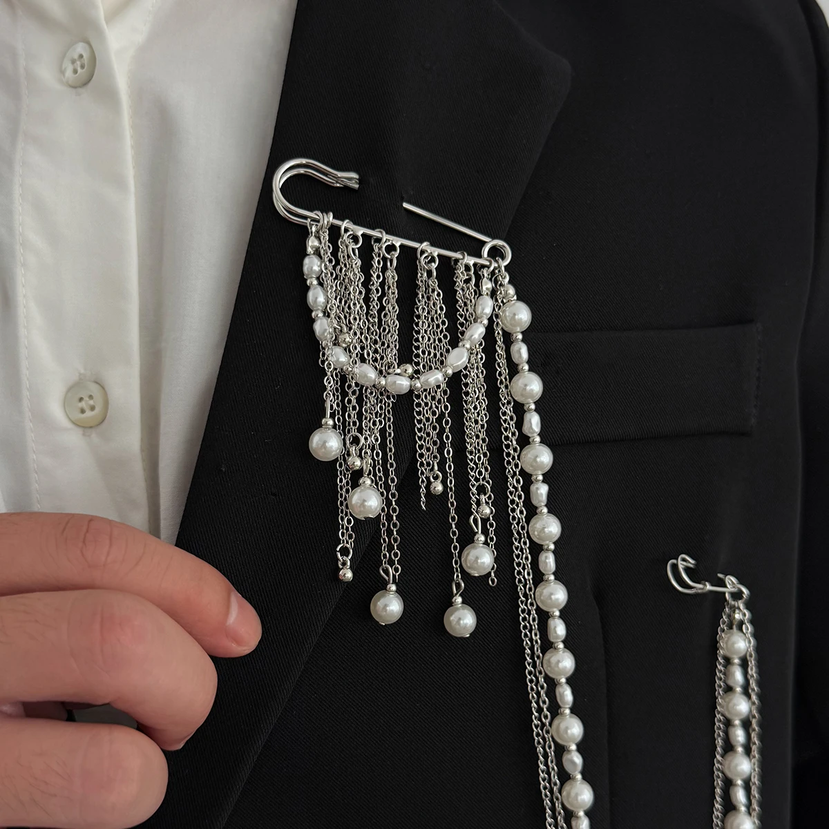 IngeSight.Z Boho Imitation Pearl Silver Color Pendant Brooch Women Trendy Metal Tassel Suit Shirt Waist Buckle Pin Jewelry Gifts