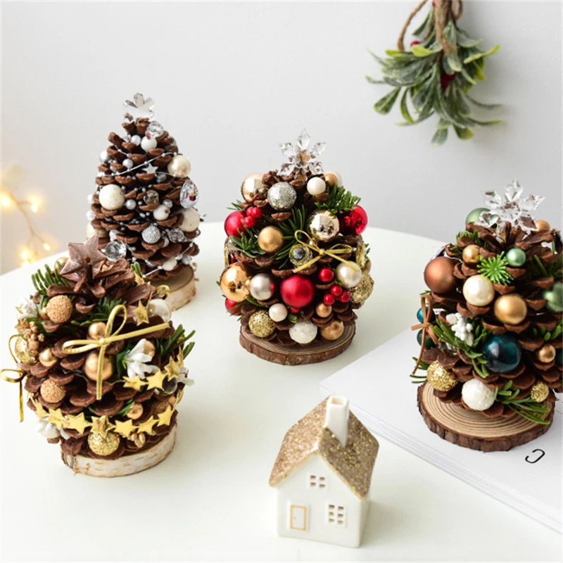 New Natural Pine Cone Mini Christmas Tree Desktop Small Ornaments Christmas Decoration Living Room Cartoon Wooden Bow Ornaments