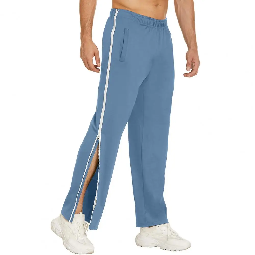 

Men Sweatpants Elastic Waistband Pockets Splicing Color Wide Leg Side Zipper Tear Away Basketball Pants