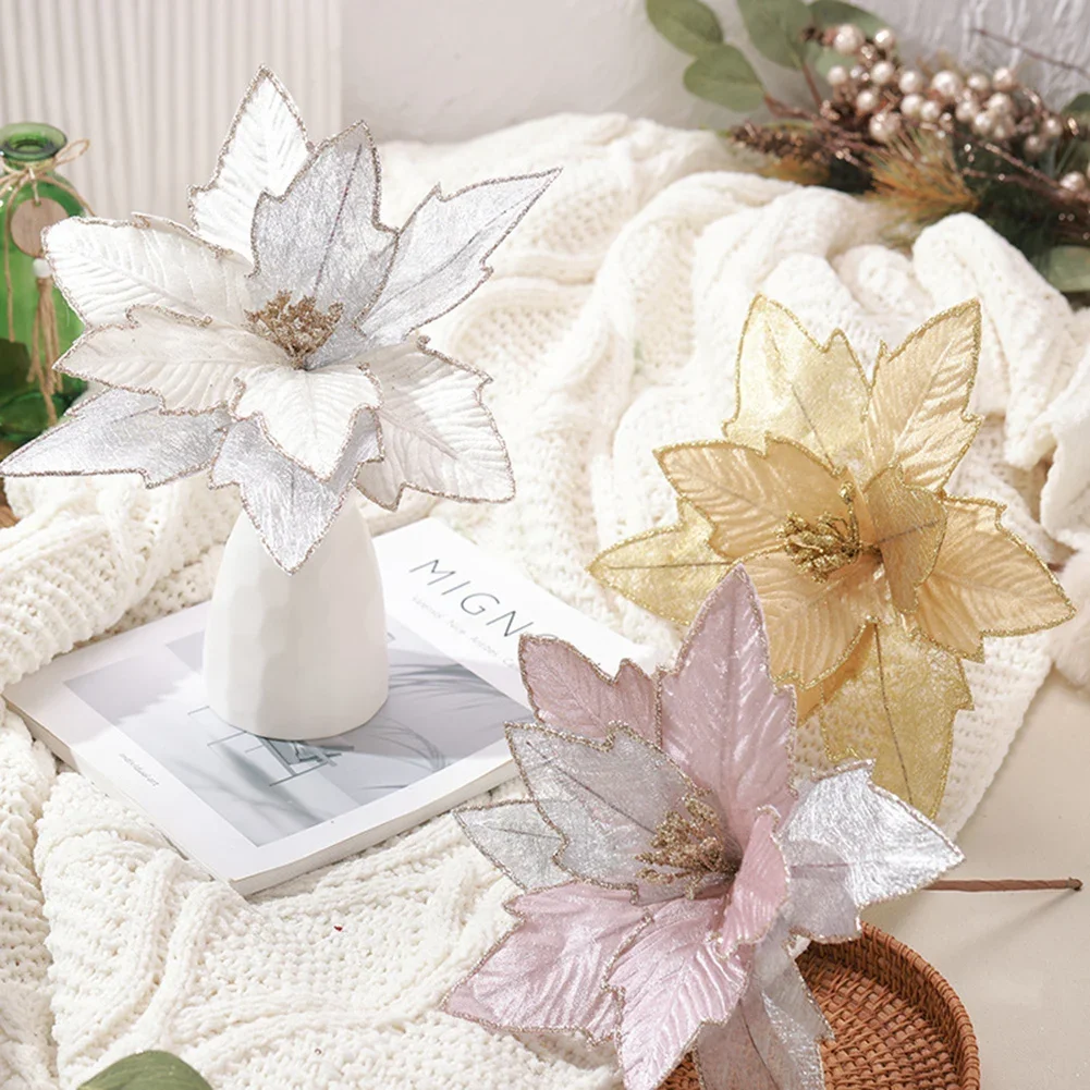 

Christmas Poinsettia Glitter Flower 30cm Cloth+Plastic Perfect Decoration for Xmas Tree Home Party Wedding